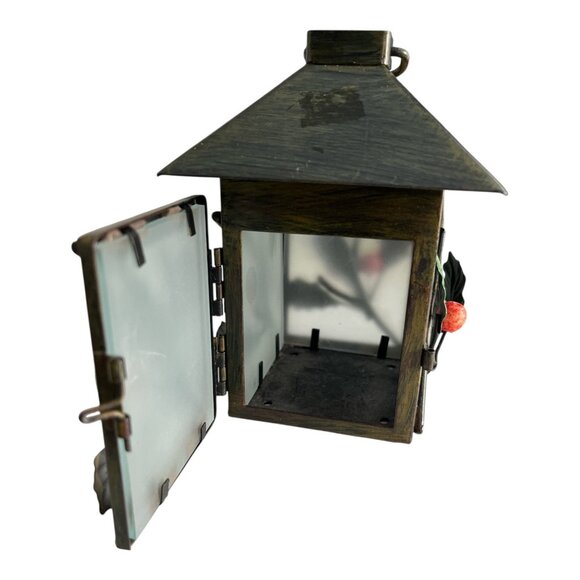 Vintage Holiday Lantern with Holly & Berry Accents – Metal & Frosted Glass - Picture 2 of 6